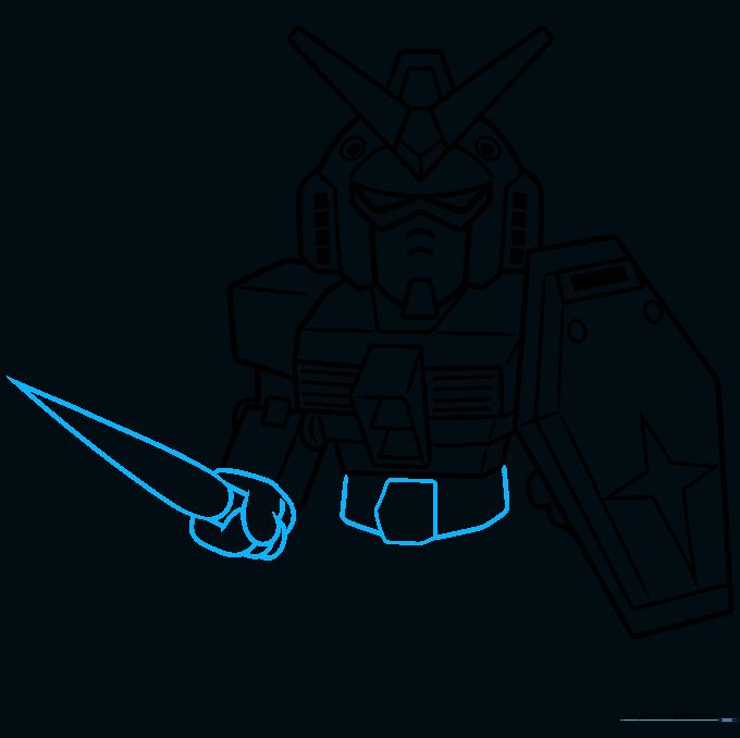 Drawing of the Gundam holding a sword, showing the hand and blade construction.