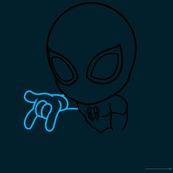 Detailed sketch of the chibi Spider-Man arm and hand in a web-slinging pose.