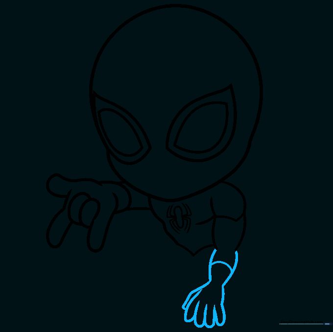 Sketch showing the second arm and glove detail on the chibi Spider-Man figure.