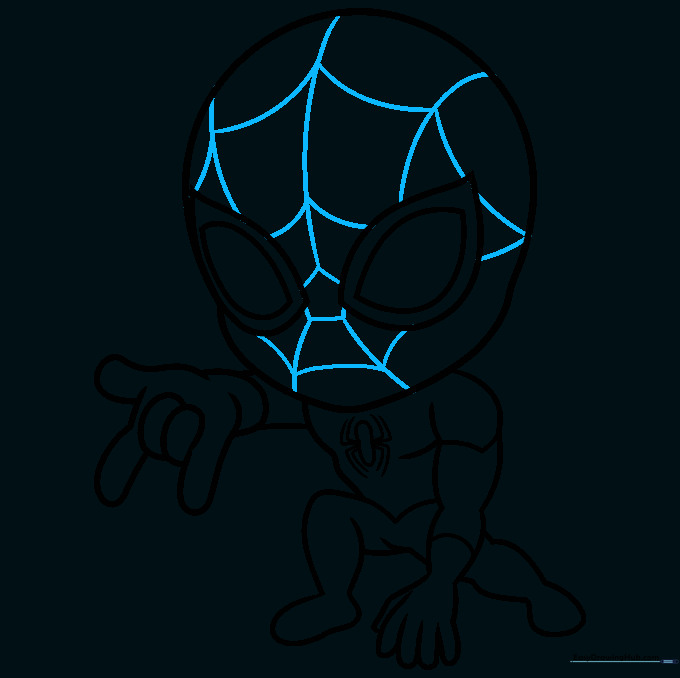 Close-up of the chibi Spider-Man mask showing the initial web pattern lines.
