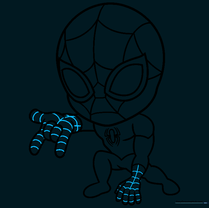 Detailed view of the web pattern on the chibi Spider-Man gloves.