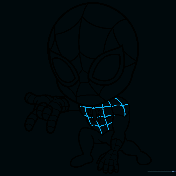 Sketch showing the web pattern added to the chest and shoulder area of the chibi Spider-Man.
