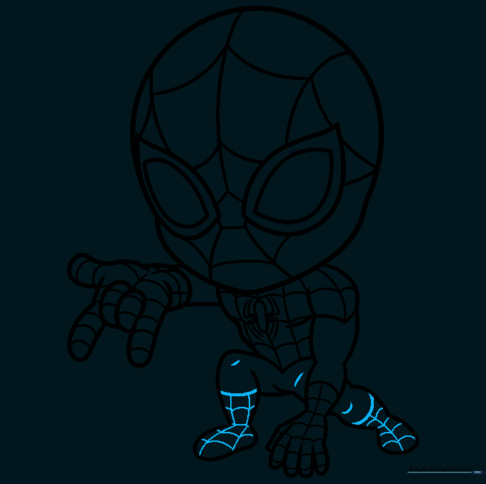 Final line art showing the completed web pattern on the boots and legs.