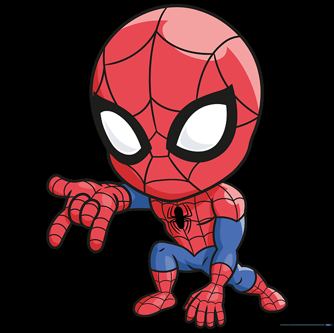 Finished, colored illustration of a cute chibi Spider-Man character.