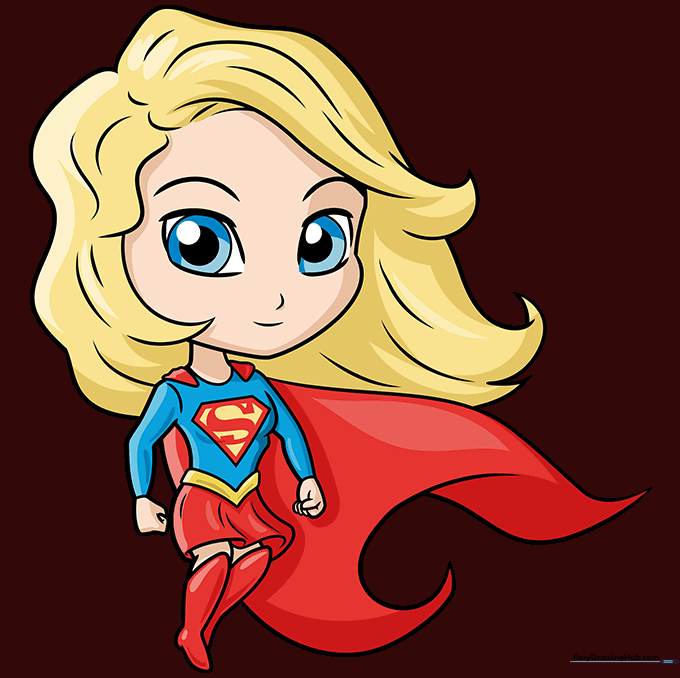 Fully colored Chibi Supergirl illustration with blonde hair and red, blue, and yellow suit.