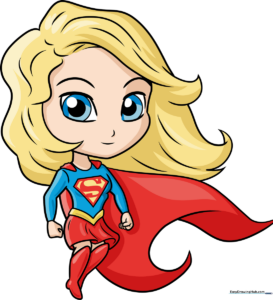 Finished, vibrant illustration of a Chibi Supergirl flying in a heroic pose.