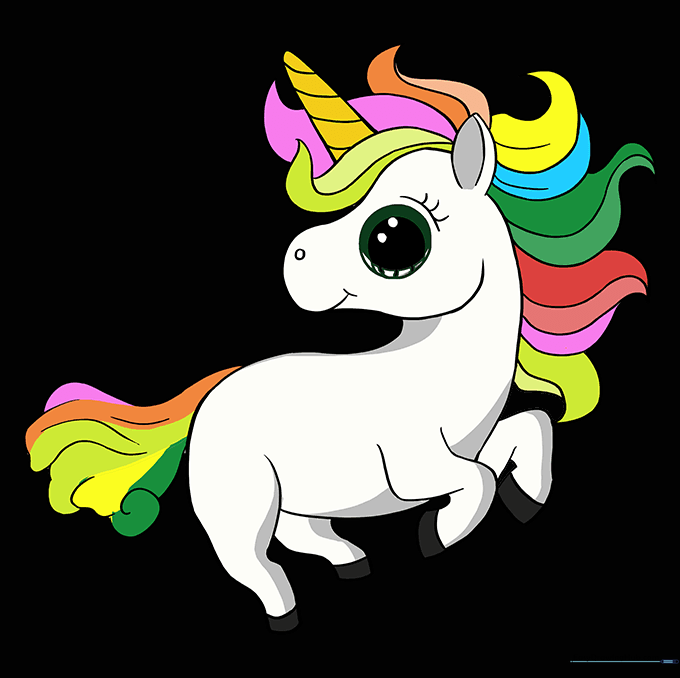 Finished colored chibi unicorn drawing with vibrant colors