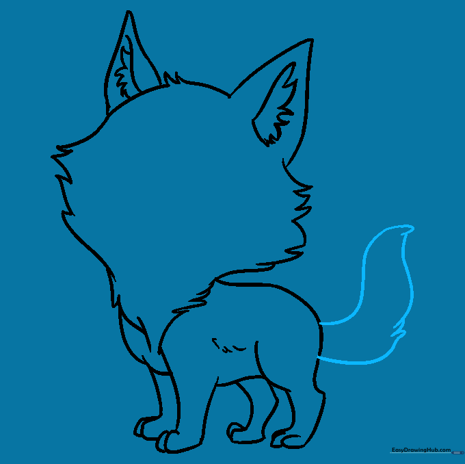 Drawing a large, bushy tail extending from the wolf's hip.