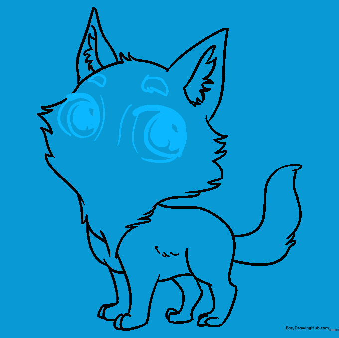 Adding large, expressive chibi eyes and a small nose to the wolf's face.