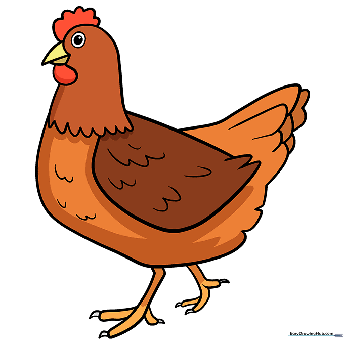 Final colored chicken drawing with brown feathers, red comb, and yellow beak.