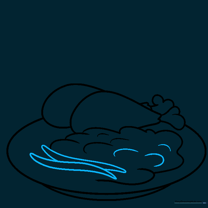 Drawing long, tapered green beans next to the mashed potatoes.