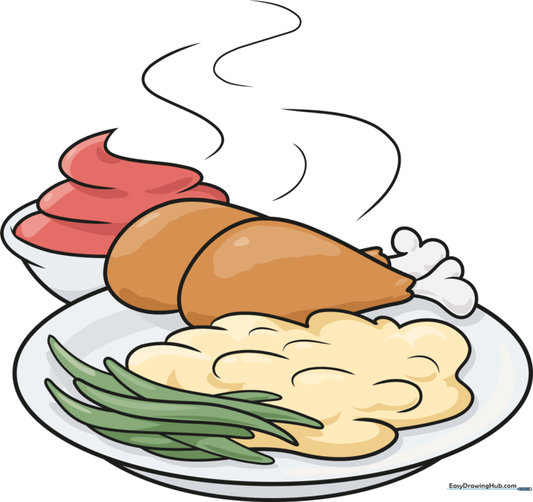 A colorful, finished cartoon chicken dinner drawing on a plate with a side bowl.