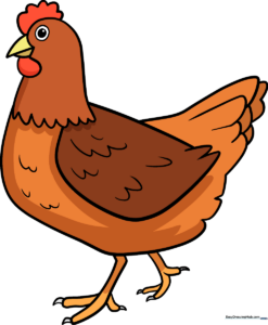 A colorful, friendly cartoon chicken standing on a white background.