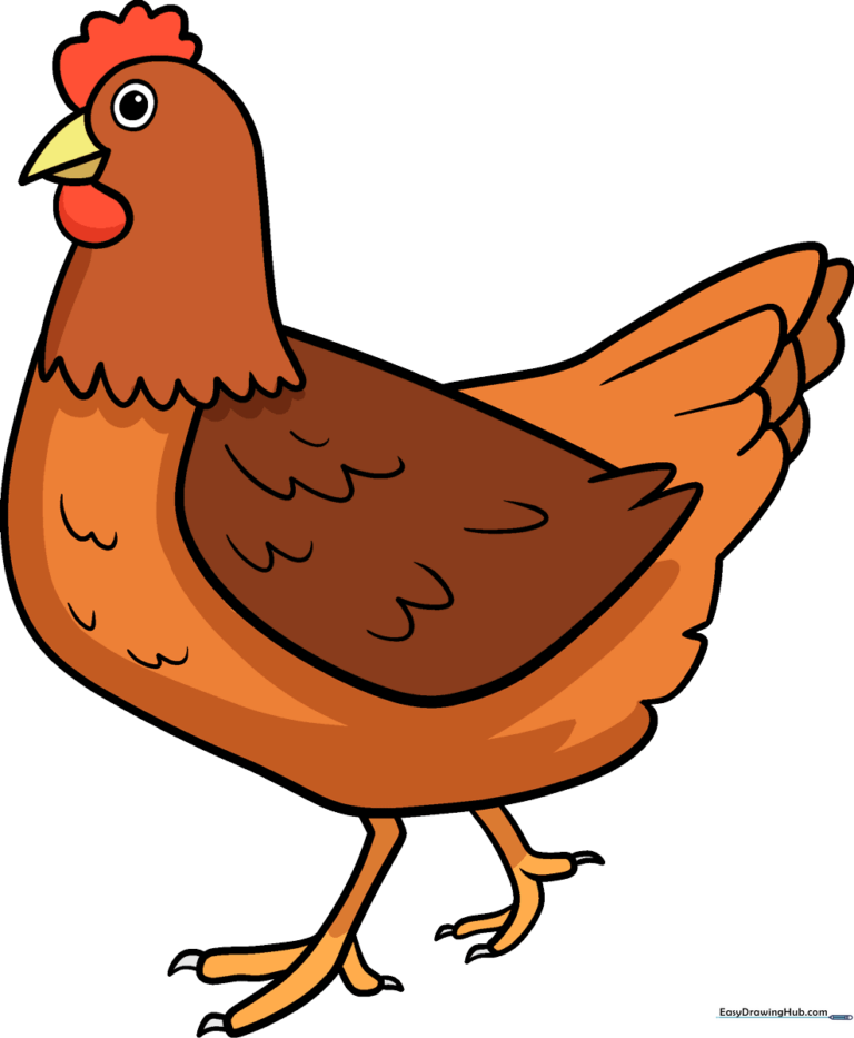 A colorful, friendly cartoon chicken standing on a white background.
