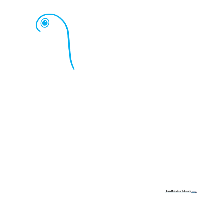 Close-up of a chicken head outline showing the eye and neck curve on white paper.
