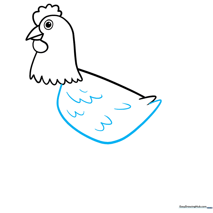 Outlining the chicken's wing with detailed feather patterns.