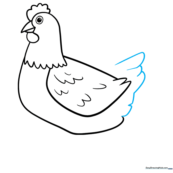 Adding long, flowing tail feathers to the chicken's body.