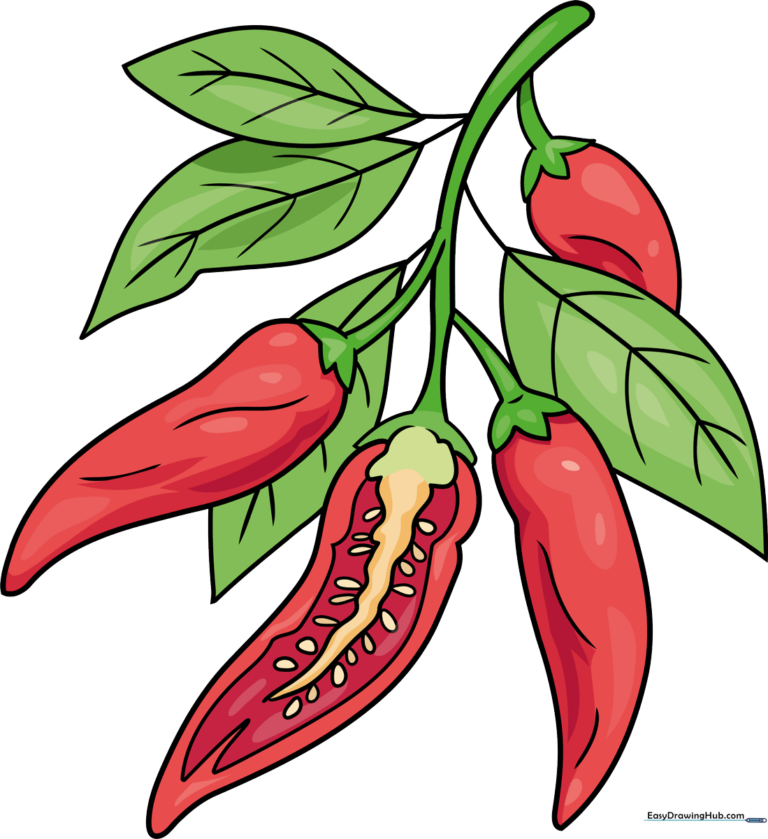 A vibrant, finished drawing of a cluster of chili peppers on a vine.