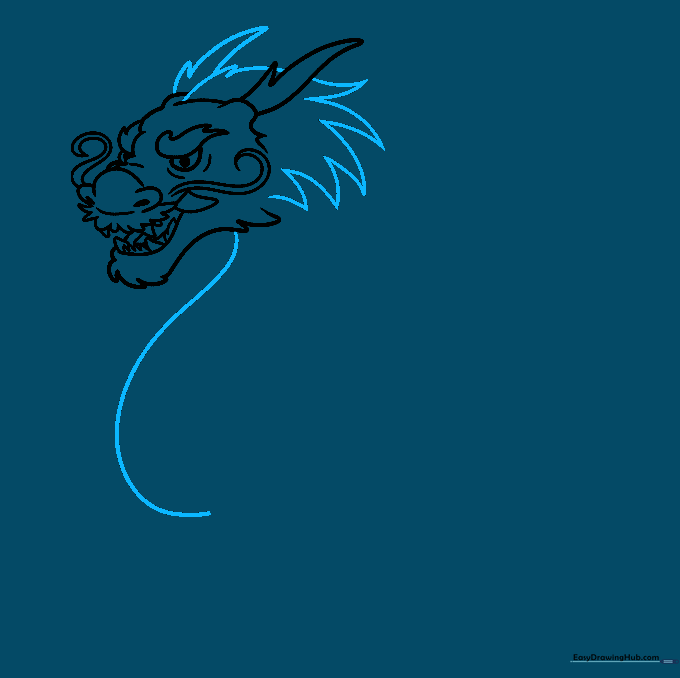 Sketching the second horn and the spiky mane flowing down the dragon's neck.
