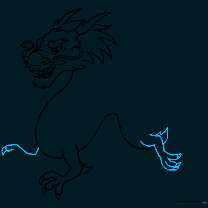 Drawing the additional front and rear legs to complete the dragon's stance.