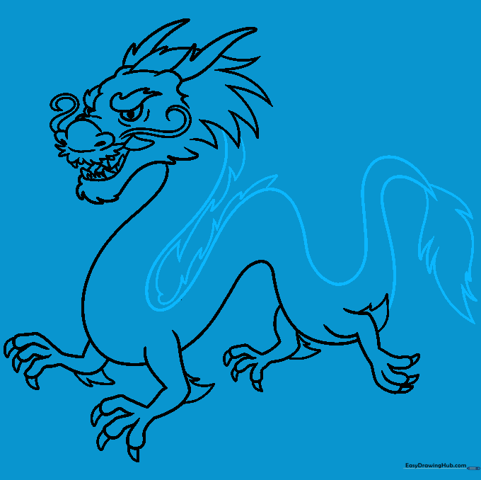 Sketching the long, winding tail and the jagged spines along the dragon's back.