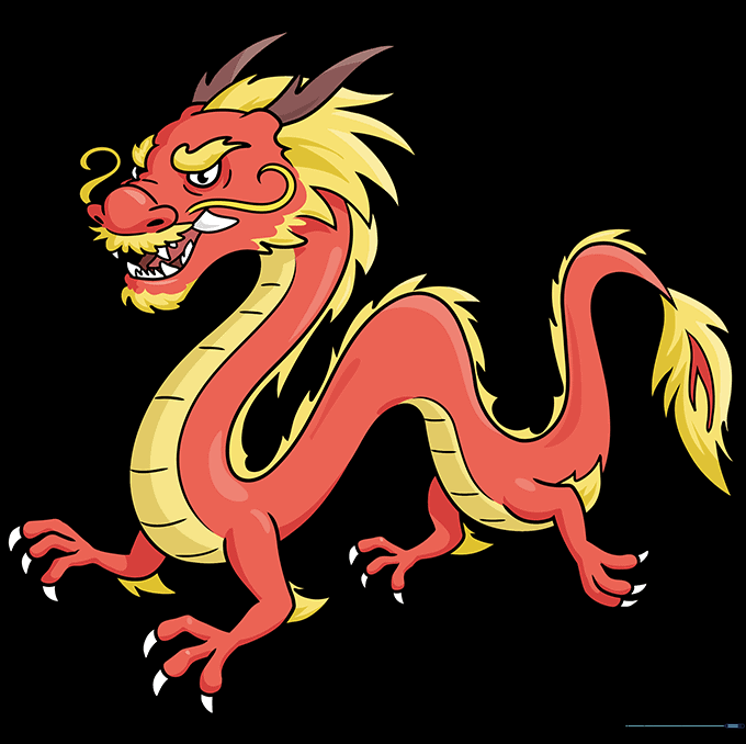 The finished Chinese dragon drawing, colored in traditional red and gold.
