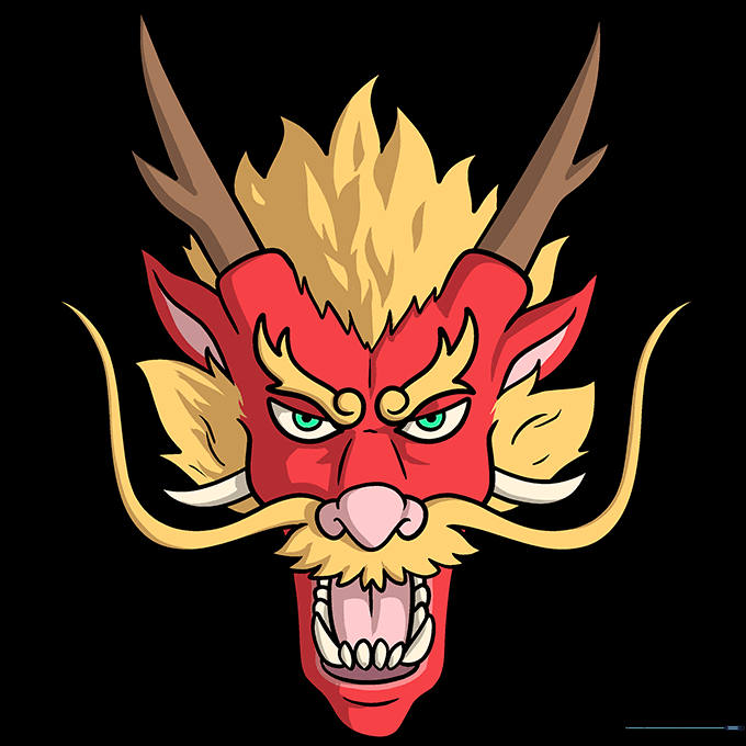 Finished, colorful illustration of a Chinese dragon face.