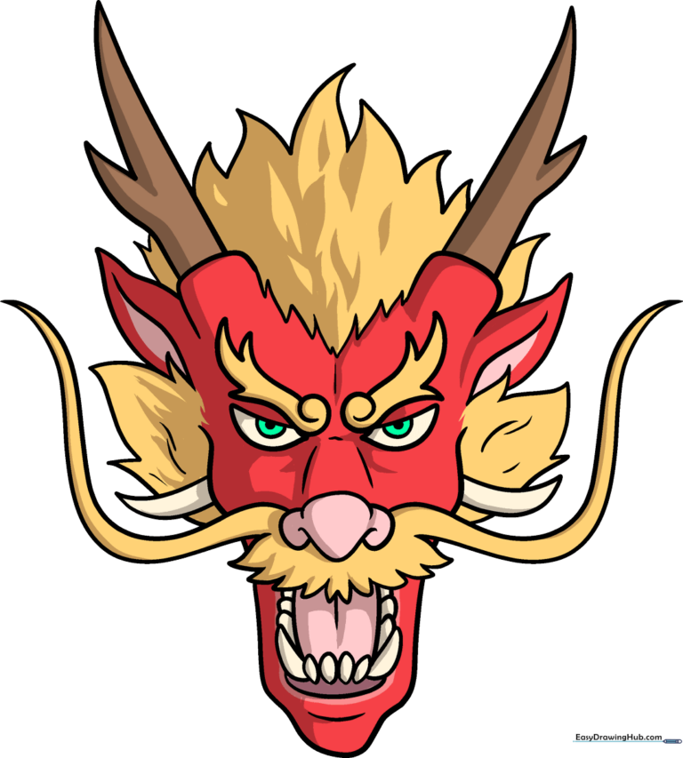 Colorful, finished Chinese dragon face drawing, perfect for kids' art projects.