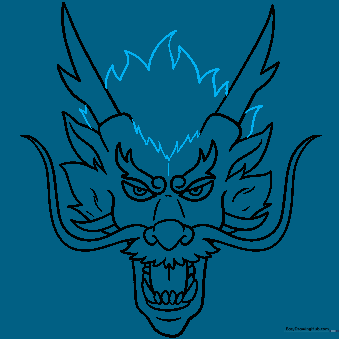 Finalizing the dragon head outline with additional hair and fur details.