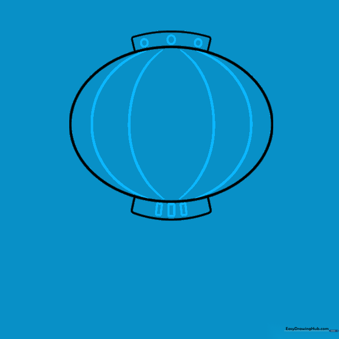 Drawing showing curved vertical lines added to the oval body and small shapes added to the top and bottom frames.