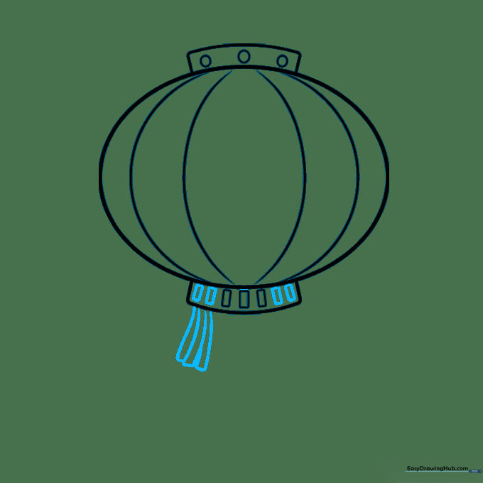 Drawing showing the first layer of decorative tassels being added to the bottom of the lantern.