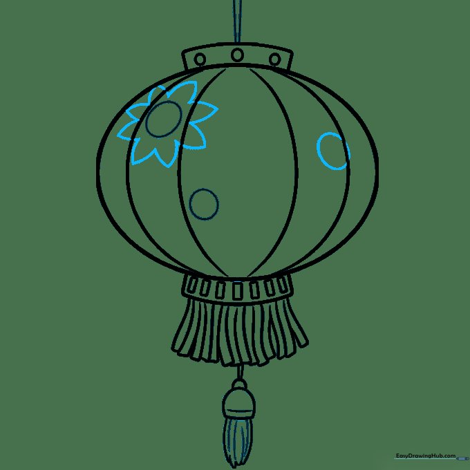 Drawing showing the addition of floral petal patterns around the ovals on the lantern body.