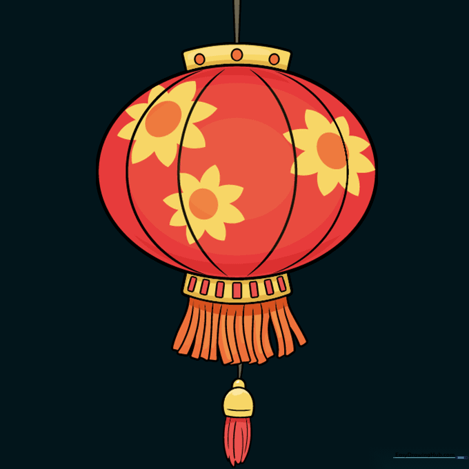Finished, colored Chinese lantern drawing with red and gold tones.