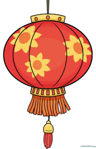 A vibrant, finished Chinese lantern drawing, showcasing traditional red and gold colors.
