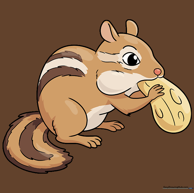 The finished, colored chipmunk drawing with brown fur and a yellow nut.