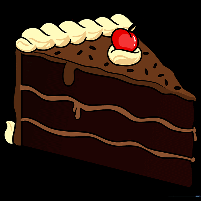 A fully colored, delicious-looking chocolate cake slice.