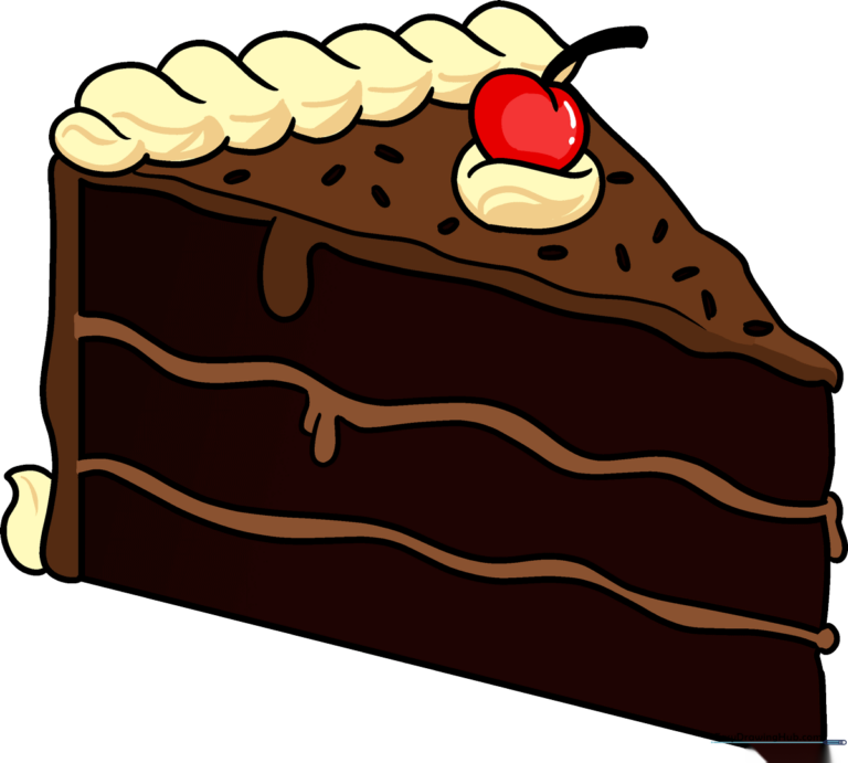 A colorful, finished illustration of a chocolate cake slice with a cherry on top.