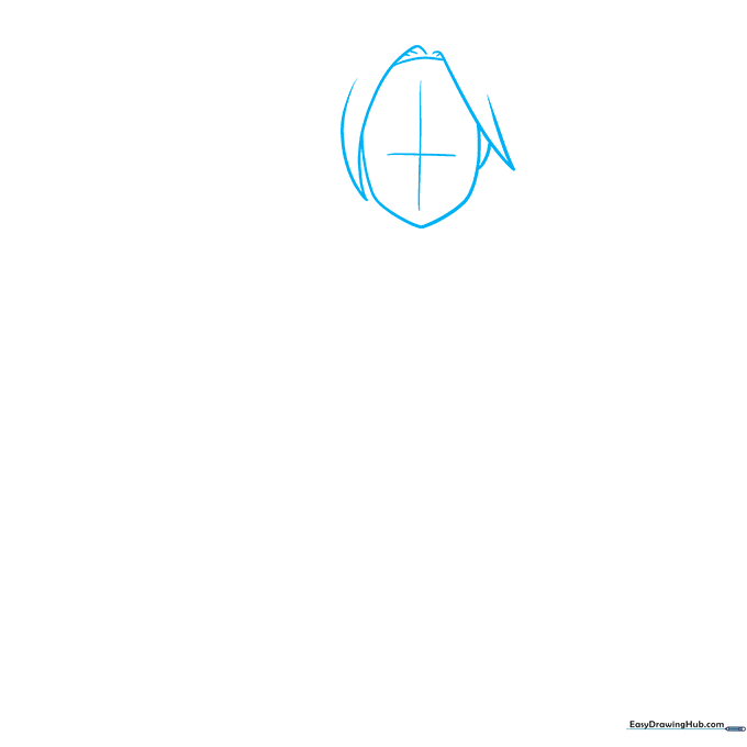 Pencil sketch of an anime girl's head shape with a light cross-grid for facial alignment.