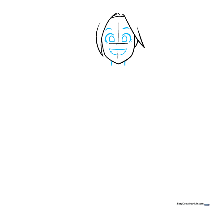 Detailed line art of an anime girl's face showing eyes, eyebrows, nose, and mouth placement.