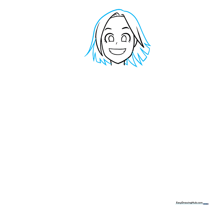 Line art showing the addition of short, layered anime-style hair around the face.