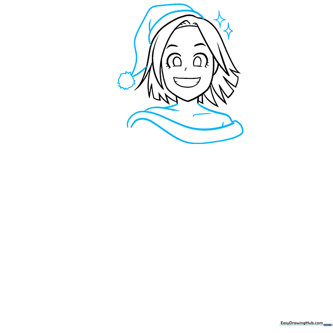 Line art of an anime girl wearing a Santa hat with decorative star accents.