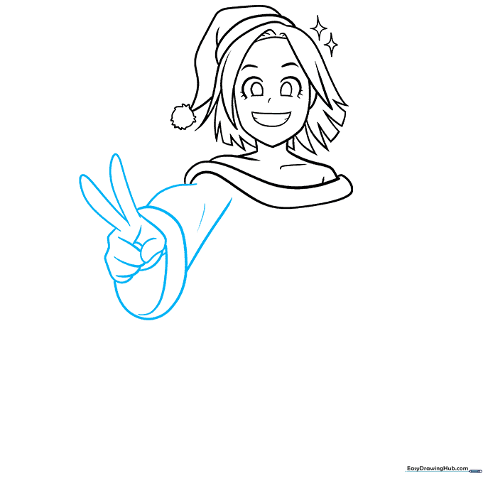 Line art focusing on the anime girl's hand making a peace sign gesture.