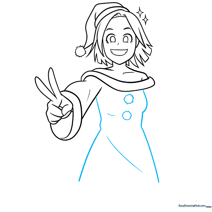 Line art showing the torso and dress of the anime girl with button details.