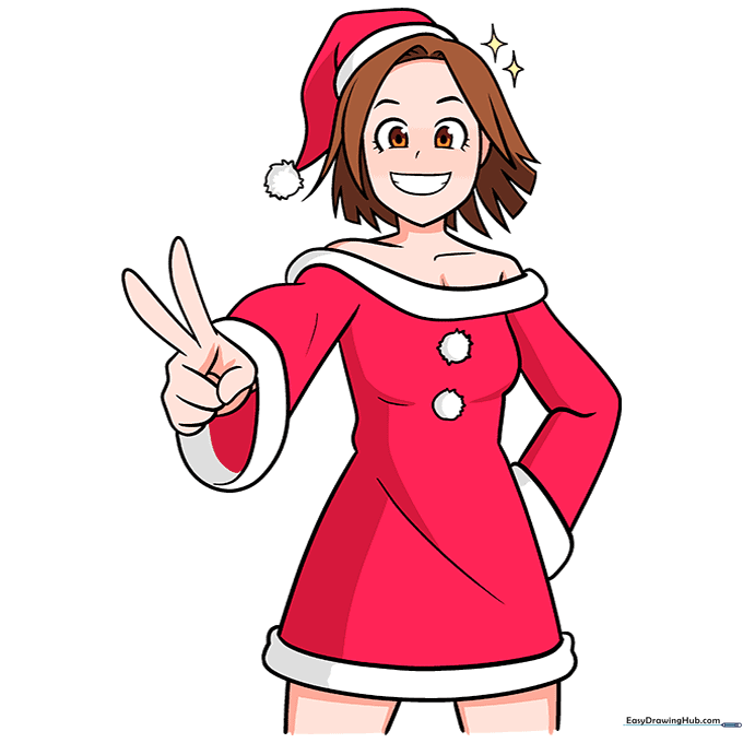 Final colored illustration of the Christmas anime girl in a red and white outfit.