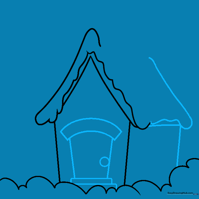 Line drawing of a house entrance featuring rectangular steps, an arched door, and a circular doorknob.