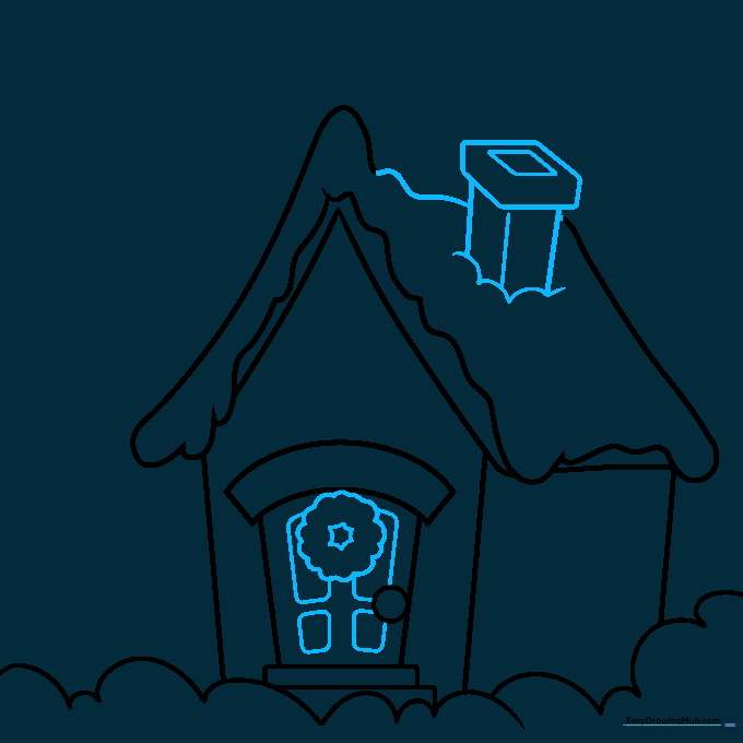 Drawing of a chimney on the roof and a circular wreath on the front door.