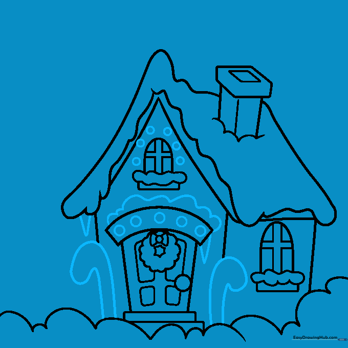 House drawing with added icicles on the roof and candy canes on the sides.