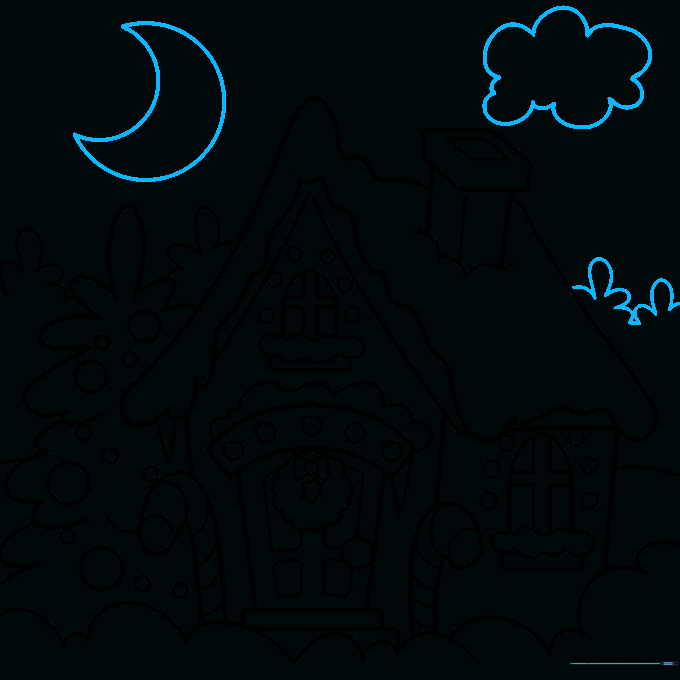 Completed line art of a Christmas house with a moon and clouds in the sky.