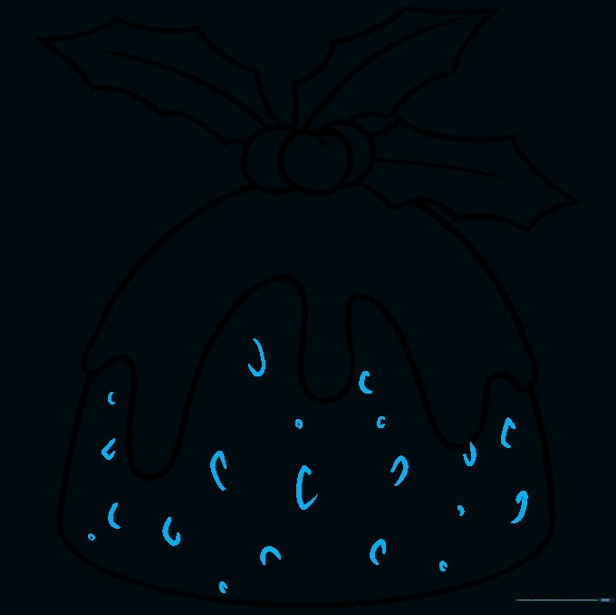 Small ovals and curved lines are added to the pudding to show fruit texture.