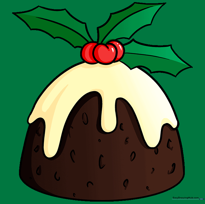 The finished Christmas pudding drawing, fully colored with brown, white, red, and green.